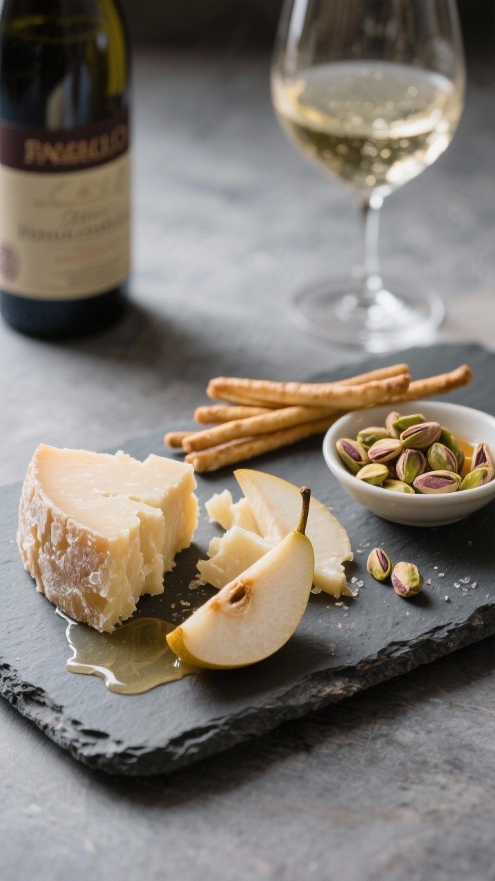 Straight-on austere Italian tasting: chunky shards of 24–36 month Parmigiano-Reggiano with crystalline texture catching light, ripe but firm pear slices fanned, a thin stream of acacia or wildflower honey in a tiny dish, a small pile of toasted pistachios, crisp grissini leaning across the board; Barolo bottle and a pour in a balloon glass slightly blurred; cool stone surface, refined, serious mood with precise highlights on cheese crystals.