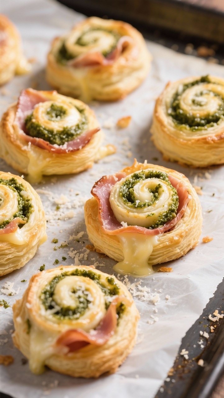 Straight-on bakery-style image of prosciutto and pesto pinwheels: golden puff pastry spirals with visible swirls of basil pesto, ribbons of prosciutto, melted mozzarella/provolone, brushed with egg wash and finished with grated Parmesan and a pinch of dried Italian seasoning; arranged on parchment-lined sheet with a few crumbs and melted cheese frills; crisp, flaky layers in focus.