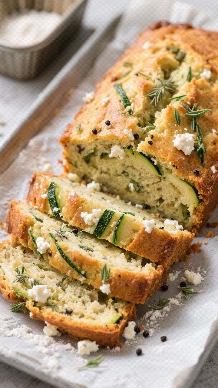 Straight-on bakery-style slice shot of savory zucchini, feta, and herb picnic loaf: golden crusted quickbread studded with green zucchini threads, crumbled feta pockets, dried oregano flecks, and black pepper; slices fanned on parchment with a light dusting of flour and baking powder tin in background; moist crumb texture emphasized with natural side light.
