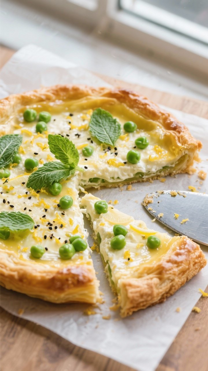 Straight-on, bakery-window style shot of a spring pea, mint, and ricotta tart: golden puff pastry with a glossy ricotta-Parmesan-egg base scented with lemon zest, dotted with bright green peas and fresh mint leaves, black pepper on top; one slice slightly pulled out to show flaky layers; set on parchment with a metal spatula.