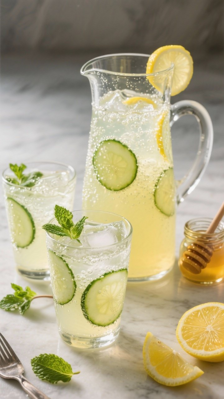 Straight-on beverage scene of Thunderfall Sparkling Lemonade Cooler: a tall glass pitcher and tumblers filled with pale yellow lemonade (fresh lemon juice, honey), bubbles from sparkling water visible, thin cucumber slices and mint leaves floating, ice cubes glistening; extra lemon halves and honey jar with dipper nearby, crisp, thirst-quenching styling.