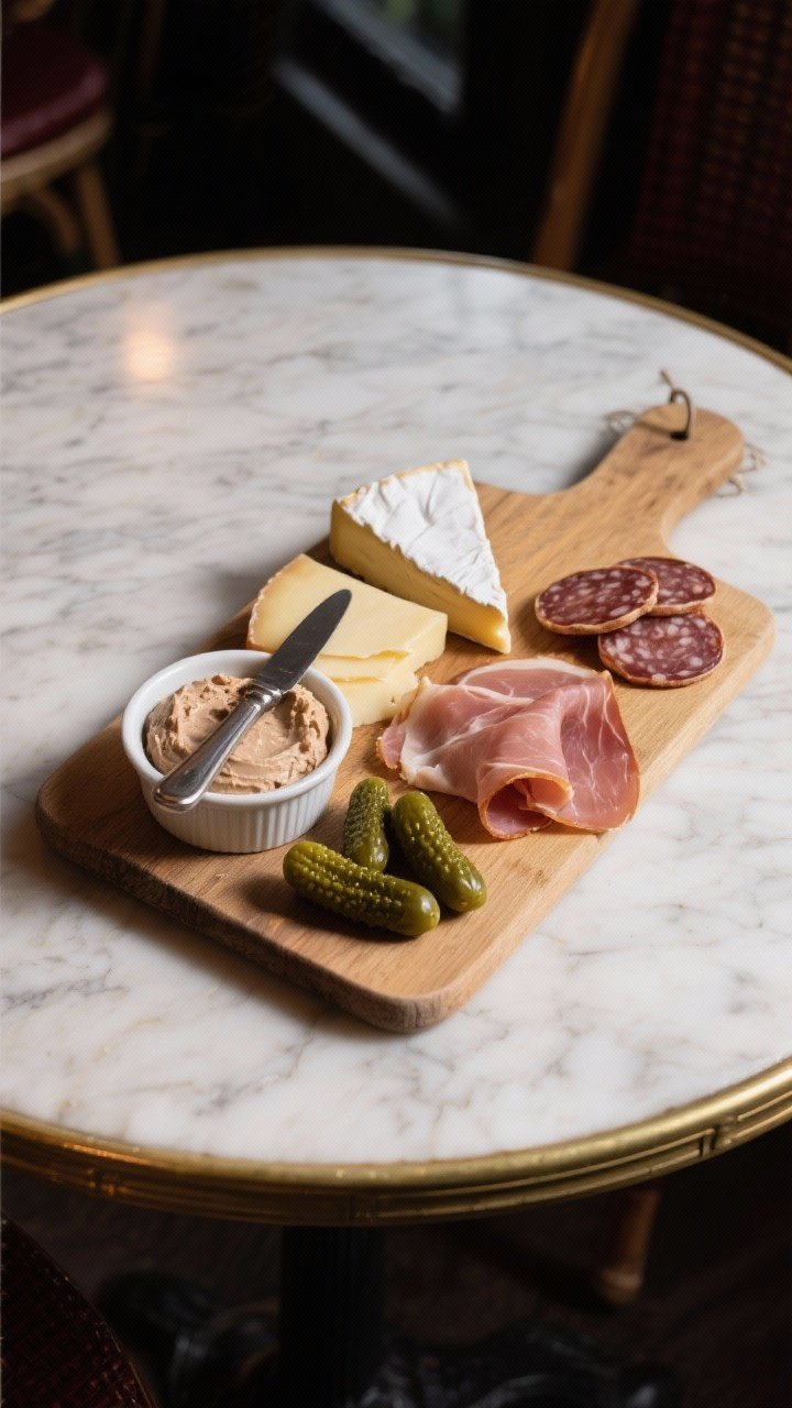 Straight-on bistro-style French picnic board on a marble bistro table: oozy wedge of brie, slices of comté, a ramekin of silky pâté with a small knife, folded jambon de Paris, coins of saucisson sec, and a petite cluster of cornichons; moody Parisian café lighting with soft shadows, elegant and chic presentation.