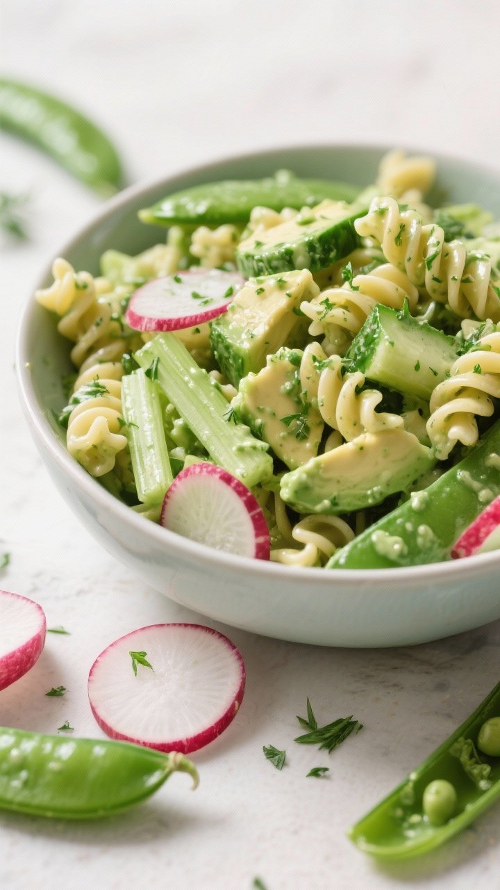 Straight-on bowl of green goddess pasta salad: short pasta (fusilli) tossed with sliced snap peas, diced cucumber, sliced celery, thinly sliced radishes, and diced avocado, all coated in a creamy green herb dressing; herbs flecked throughout, a few extra radish coins and snap peas on the table; bright, perky, and crisp presentation.