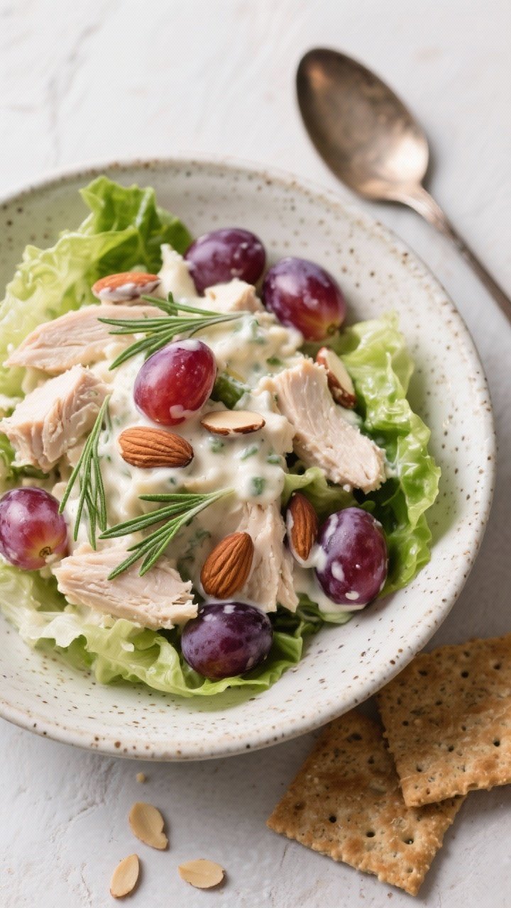 Straight-on bowl shot of country cottage chicken salad: creamy mixture of poached chicken chunks, halved red grapes, toasted sliced almonds, and fresh tarragon ribbons in a light dressing; served in a speckled ceramic bowl with crisp butter lettuce leaves tucked around, a few extra grapes and almond slivers scattered; crackers and a vintage spoon alongside; gentle, creamy tones with pops of purple and green, wholesome and comforting.