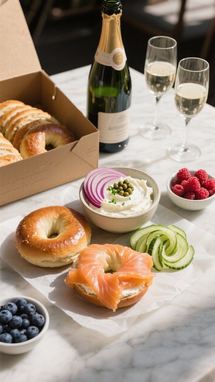 Straight-on brunch-in-a-box layout: pre-sliced bagels on parchment, glossy smoked salmon folds, whipped cream cheese (plain or chive) in a bowl, ultra-thin red onion slices, capers, cucumber ribbons, and bowls of blueberries and raspberries; a small chilled bottle of bubbly with two flutes nearby, morning light, fresh and inviting deli aesthetic.