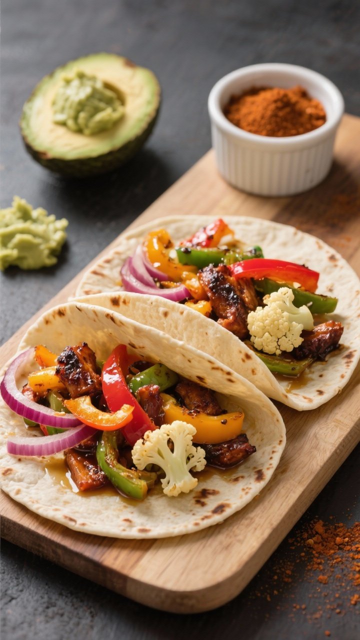 Straight-on build shot of Jamaican jerk veggie wraps on a board: warm tortillas being filled with jerk-seasoned bell peppers (mixed colors), thin red onion, and small cauliflower florets sautéed in olive oil; a halved avocado ready to be mashed for creamy spread, jerk seasoning in a ramekin, smoky spices dusted on the surface.