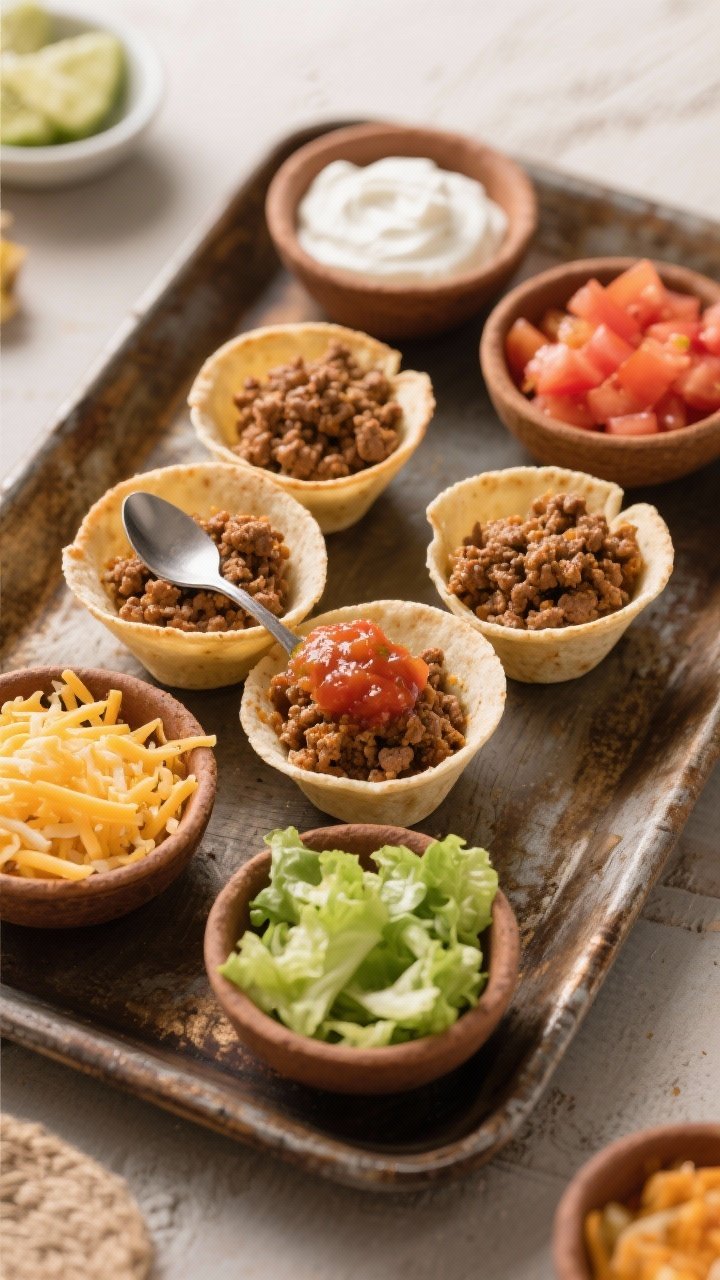 Straight-on, build-your-own mini taco cups displayed on a rustic tray: small flour tortilla cups filled with seasoned ground beef/turkey crumbles, topped with a spoon of salsa; surrounding mini bowls of shredded cheese, lettuce, diced tomatoes, and sour cream for customization; warm tones, crisp edges on the tortilla cups, inviting party feel.