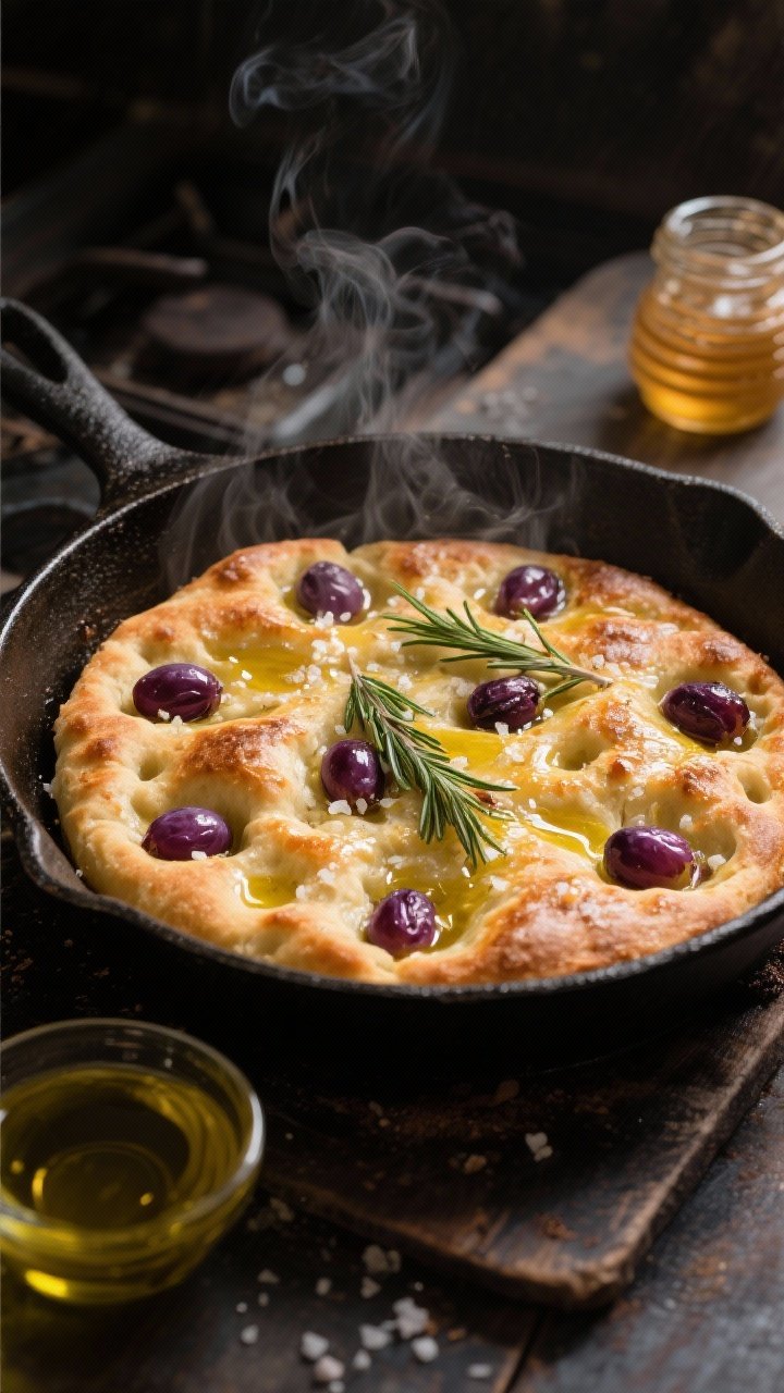 Straight-on, cast-iron skillet focaccia just out of the oven: deeply dimpled, glossy olive-oil sheen, pockets of roasted purple-red grapes and sprigs of rosemary baked in; coarse salt crystals visible; side dish of olive oil for finishing; warm steam and crisp, burnished edges emphasized; moody, rustic kitchen background with honey jar hinting at the dough starter.