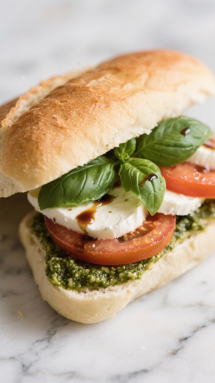 Straight-on close-up of a ciabatta sandwich being built to avoid sogginess: base spread with vibrant basil pesto, layers of patted-dry fresh mozzarella, lightly salted ripe tomato slices with beads of moisture, fresh basil leaves, and a restrained drizzle of balsamic. Shot on a marble surface with the top of the roll slightly askew, focusing on clean layers and juicy-but-dry tomatoes.
