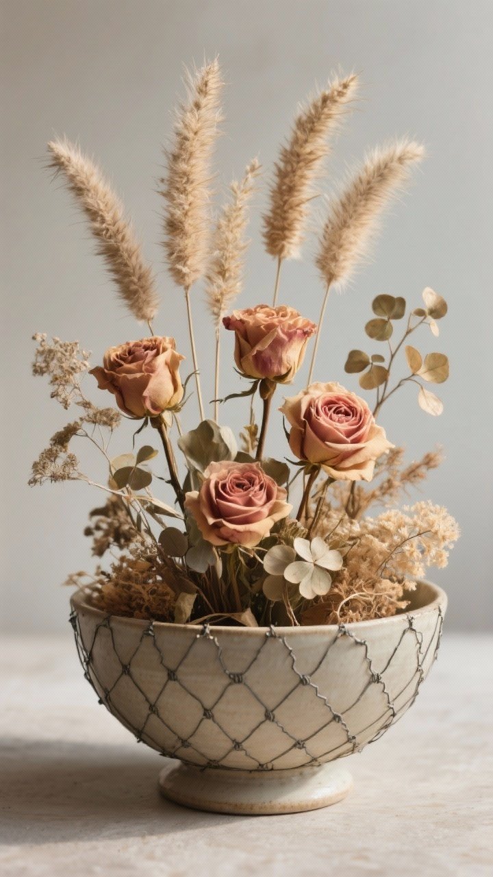 Straight-on close-up of a dried-and-fresh mix in a medium compote or footed bowl with visible chicken wire/frog mechanics peeking subtly: 6 stems of dried lunaria/palm spears/pampas plumes for structure, 5 hardy fresh roses or carnations as lush focal, 4 complementary stems (e.g., sturdy filler) weaving through; sun-safe palette, matte textures from dried elements balanced by fresh bloom sheen.