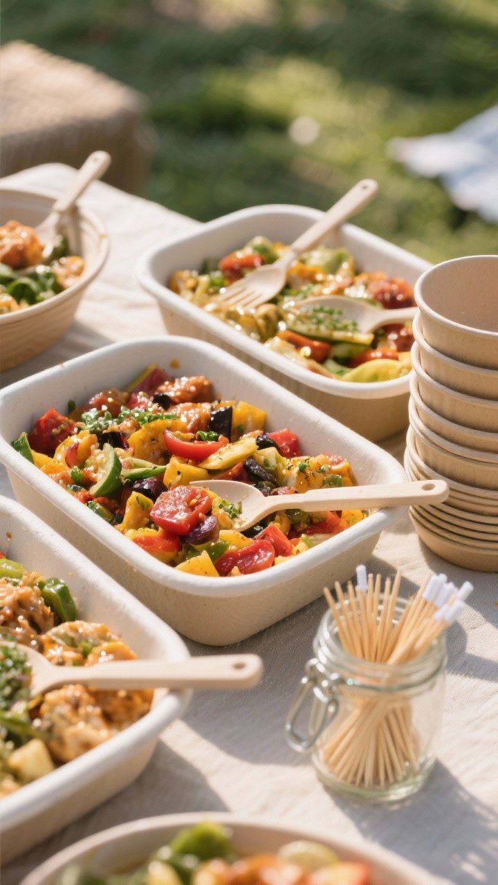 Straight-on close-up of a family-style sharing spread: 2–3 large shallow containers filled with colorful dishes, each with its own dedicated serving utensil; a tidy stack of small plates/compostable bowls to the side, an open jar of toothpicks/cocktail picks in front; emphasize clean serving boundaries and utensil-per-dish etiquette, glossy highlights on food, blurred natural picnic backdrop.