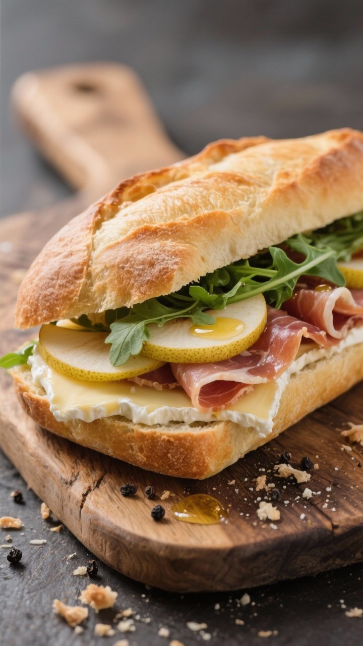 Straight-on close-up of a prosciutto, pear, and brie baguette: crusty baguette split and layered with creamy Brie slices, thin ripe pear slices, silky folds of prosciutto, and a handful of arugula lightly tossed in honey, lemon juice, and olive oil; a crack of black pepper over the arugula; sandwich slightly ajar to showcase layers, crumbs on a rustic board.