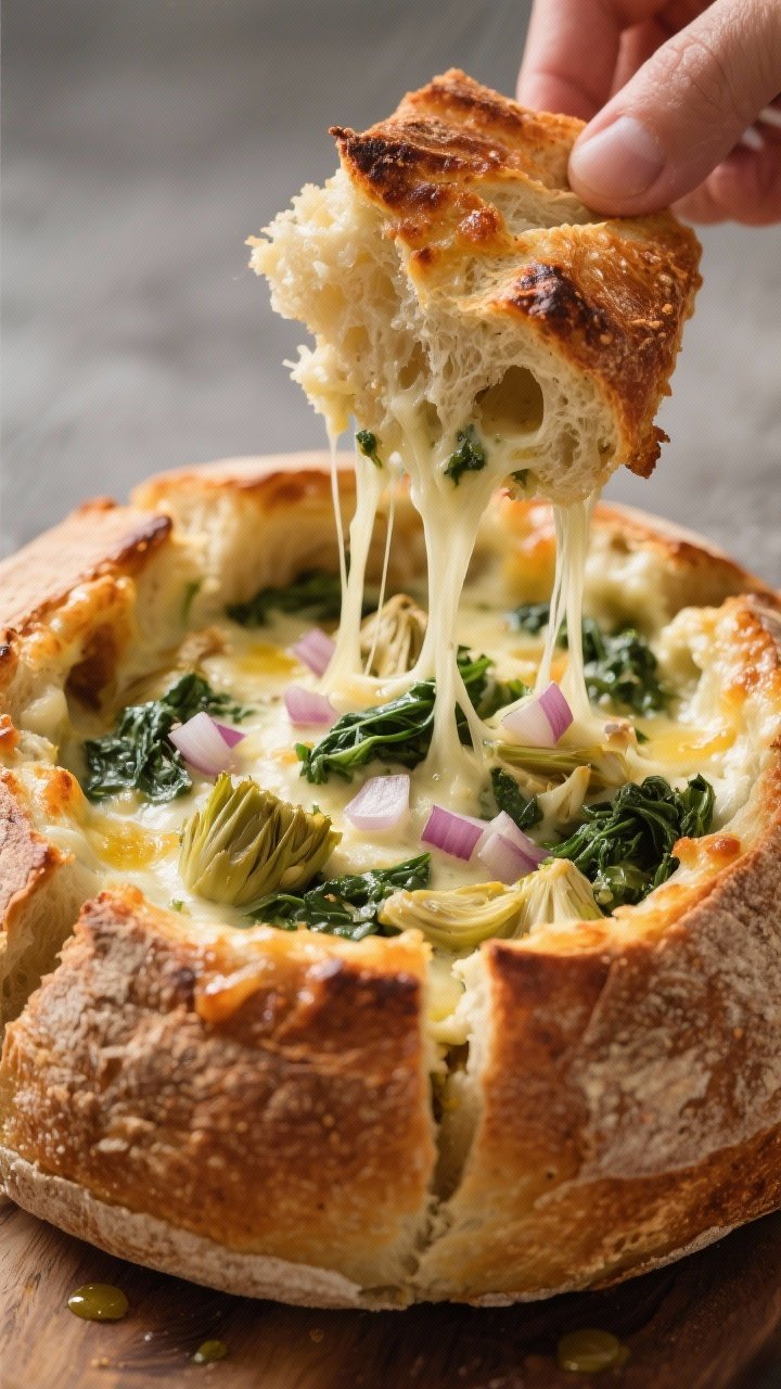 Straight-on close-up of a sourdough bread boule turned pull-apart dip: top cut off and hollowed, edges brushed with olive oil and toasted; bubbling cheesy spinach-artichoke dip inside with minced onion and garlic, chopped artichoke hearts, and squeezed-dry spinach; strands of cheese stretching as a torn bread chunk lifts; crackly crust texture, creamy interior, warm oven glow.