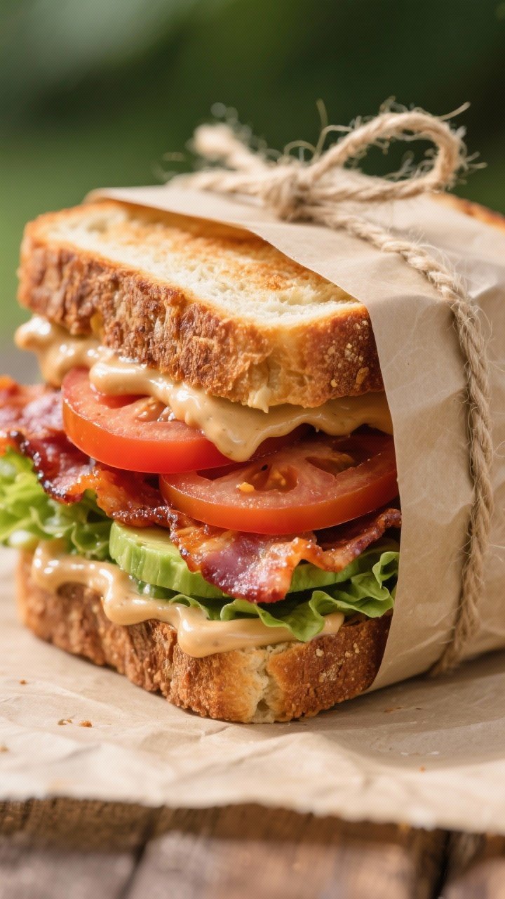 Straight-on close-up of a stacked Picnic-Proof BLT with Smoky Maple Mayo: thick-cut toasted bread slathered with maple-smoked mayo, layers of extra-crisp bacon, lightly salted tomato slices, crisp romaine or butter lettuce, and optional avocado slices peeking out; sandwich wrapped snugly in parchment with twine for a picnic-ready look; juicy tomatoes and crackly bacon texture spotlighted.