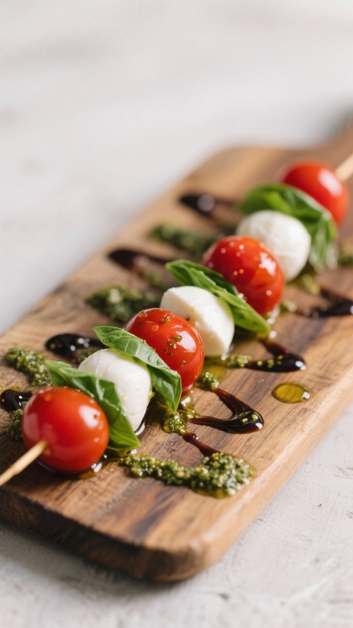 Straight-on close-up of Alpine Caprese skewers lined on a rustic wooden board: cherry tomatoes, mini mozzarella balls (ciliegine), and small basil leaves alternating, glossy with extra-virgin olive oil; a delicate basil-pesto drizzle zigzags across, with droplets of balsamic glaze pooling lightly; vibrant reds, whites, and greens against a neutral backdrop for an Italian alpine vibe.
