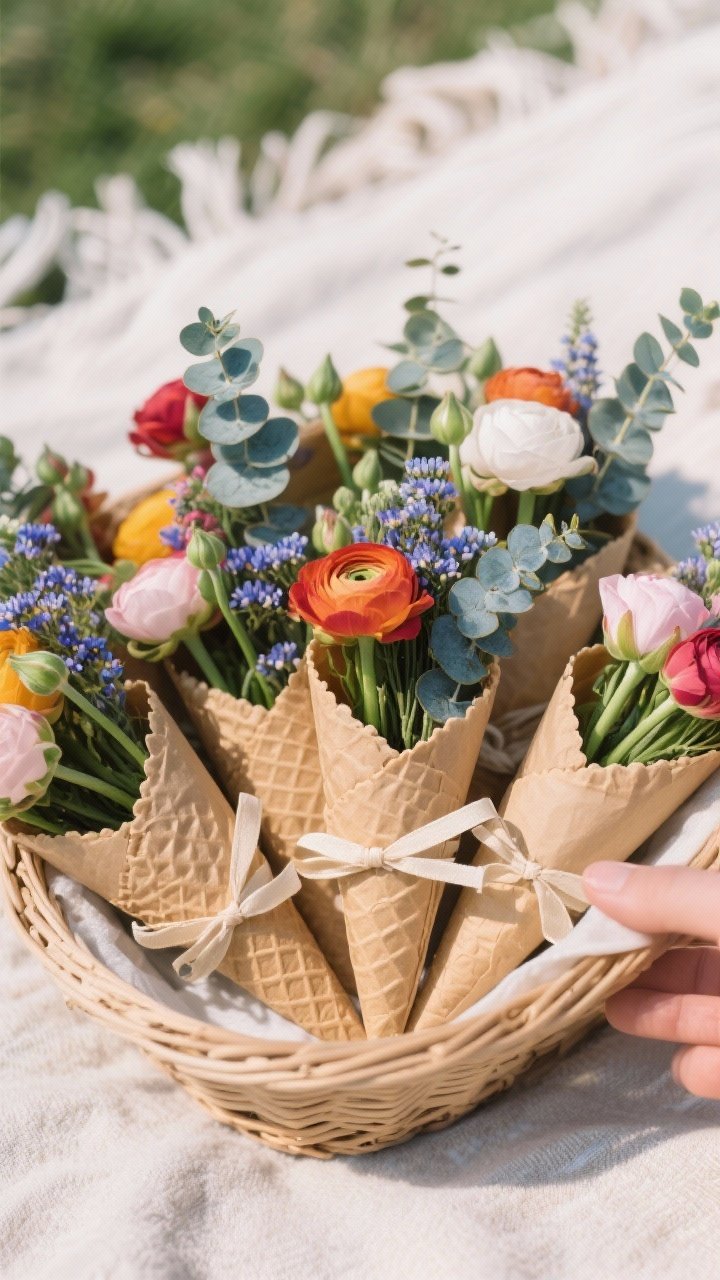 Straight-on close-up of blanket-safe posy cones ready to pass around: kraft or parchment paper rolled into 10–12 cones, each stuffed with short stems of ranunculus or mini roses, colorful statice/limonium, and airy eucalyptus (baby blue or seeded), tied with simple ribbon; cones nestled in a basket on a picnic blanket, crisp detail on textures and colors, no hands.