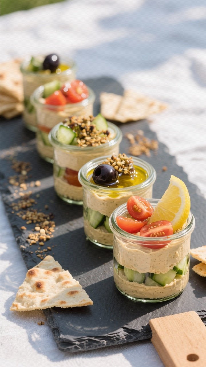 Straight-on close-up of “board-in-a-jar” layered hummus: clear glass jars showing distinct strata—creamy hummus base, diced cucumber, halved cherry tomatoes, sliced kalamata olives—finished with a glossy pour of extra-virgin olive oil, sprinkle of dukkah, and a lemon wedge perched at the rim; arranged in a neat row on a slate board with extra dukkah and pita chips in frame; clean, modern picnic styling.