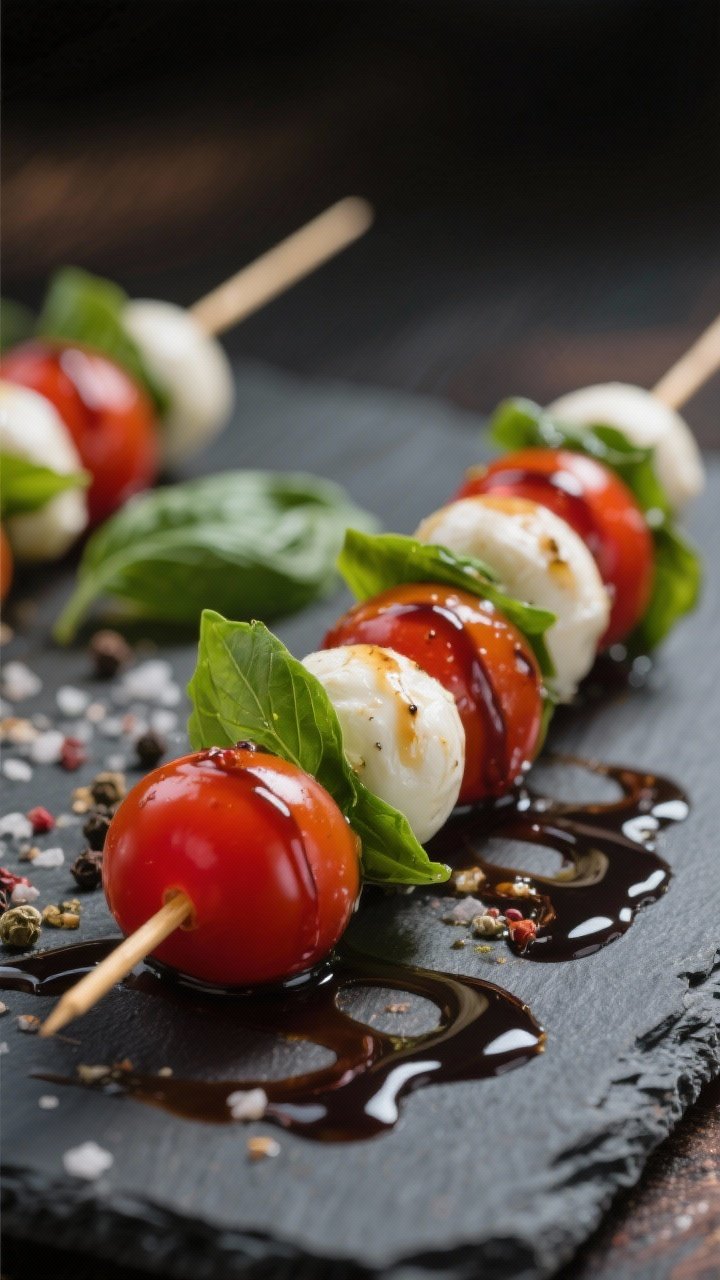 Straight-on close-up of caprese skewers lined on a slate board: cherry tomatoes, mini mozzarella balls (ciliegine), and fresh basil leaves alternated on short skewers; glossy olive oil and a dramatic balsamic glaze drizzle; visible salt and pepper flakes; deep contrast, selective focus on front skewer, soft bokeh background.