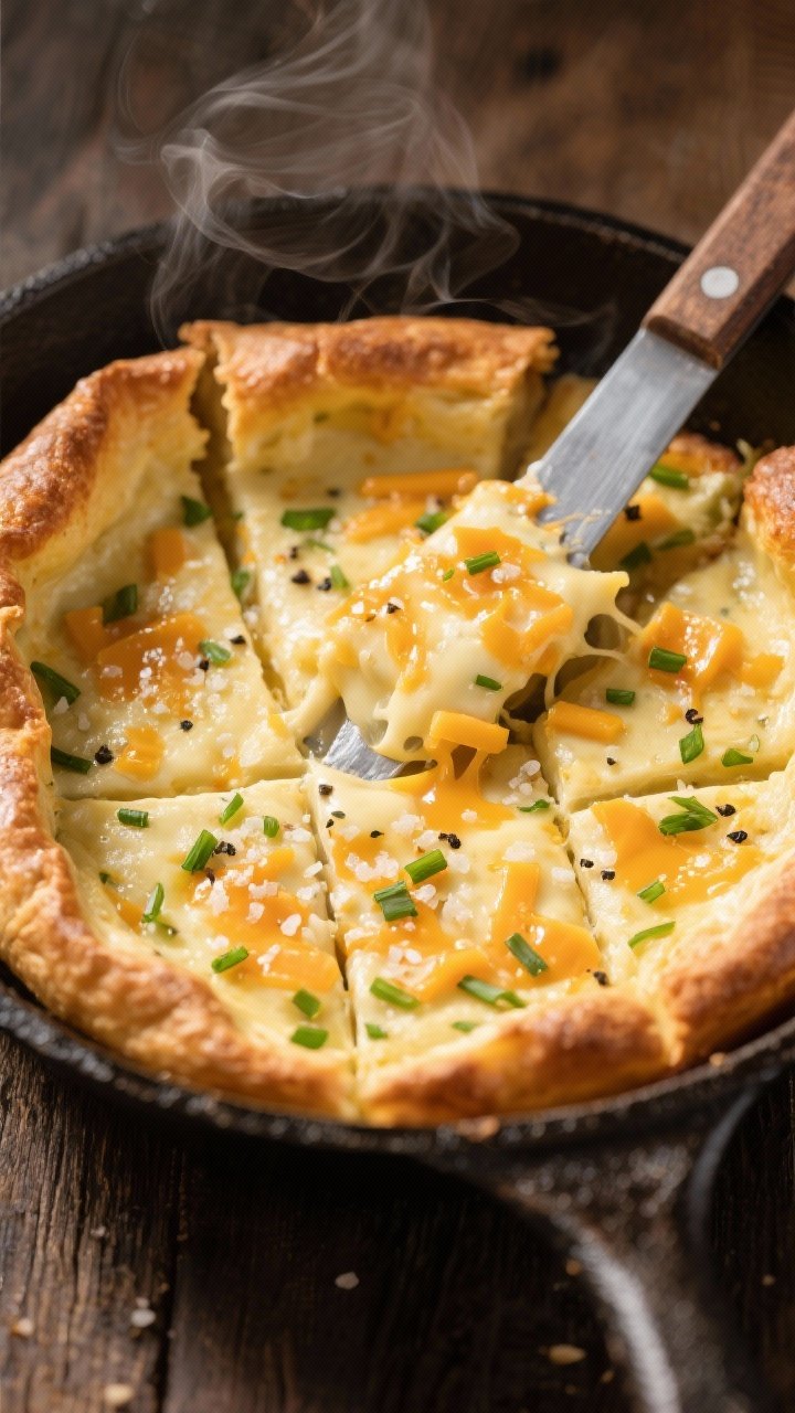 Straight-on close-up of cheddar-chive Dutch baby cut into squares on a cast-iron skillet: puffed edges, custardy center speckled with sharp cheddar and chopped chives, seasoned with kosher salt and black pepper, a thin sheen of hot honey glistening on top; steam faintly visible, knife poised with a gooey cheese pull, rustic tabletop.