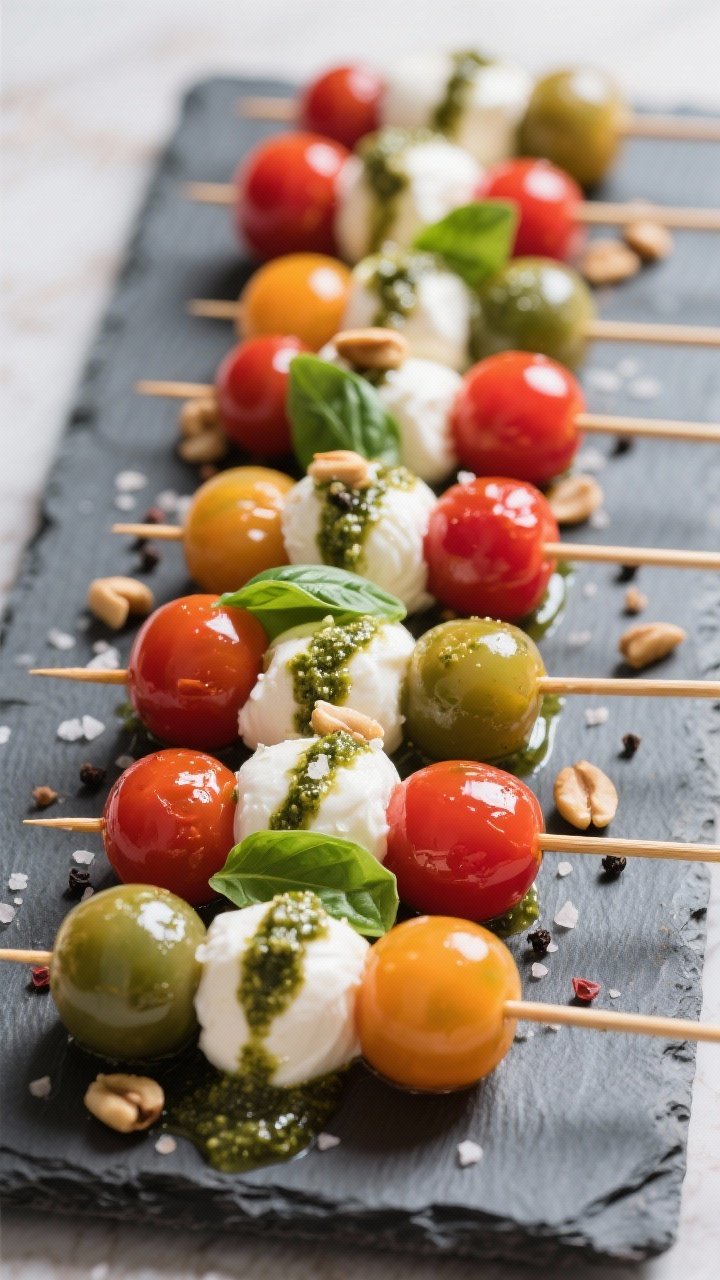 Straight-on close-up of cherry tomato and burrata (or ciliegine mozzarella) skewers arranged in neat rows on a slate platter; mixed-color cherry tomatoes glistening, creamy cheese pearls, fresh basil leaves threaded between; basil pesto drizzle zig-zagging over the skewers, sprinkled with toasted pine nuts, sea salt, and cracked black pepper; clean background, natural light highlighting gloss and creaminess.