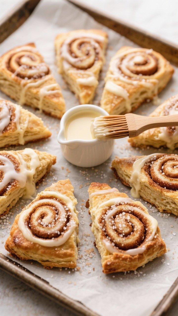Straight-on close-up of cinnamon roll scones arranged in a circle on a parchment-lined tray: flaky layers with visible cinnamon-sugar spiral, edges bronzed; a thick cream cheese glaze dripping down the sides, with a small pitcher of extra glaze and a brush for glazing; dusting of sugar crystals, cozy warm tones.