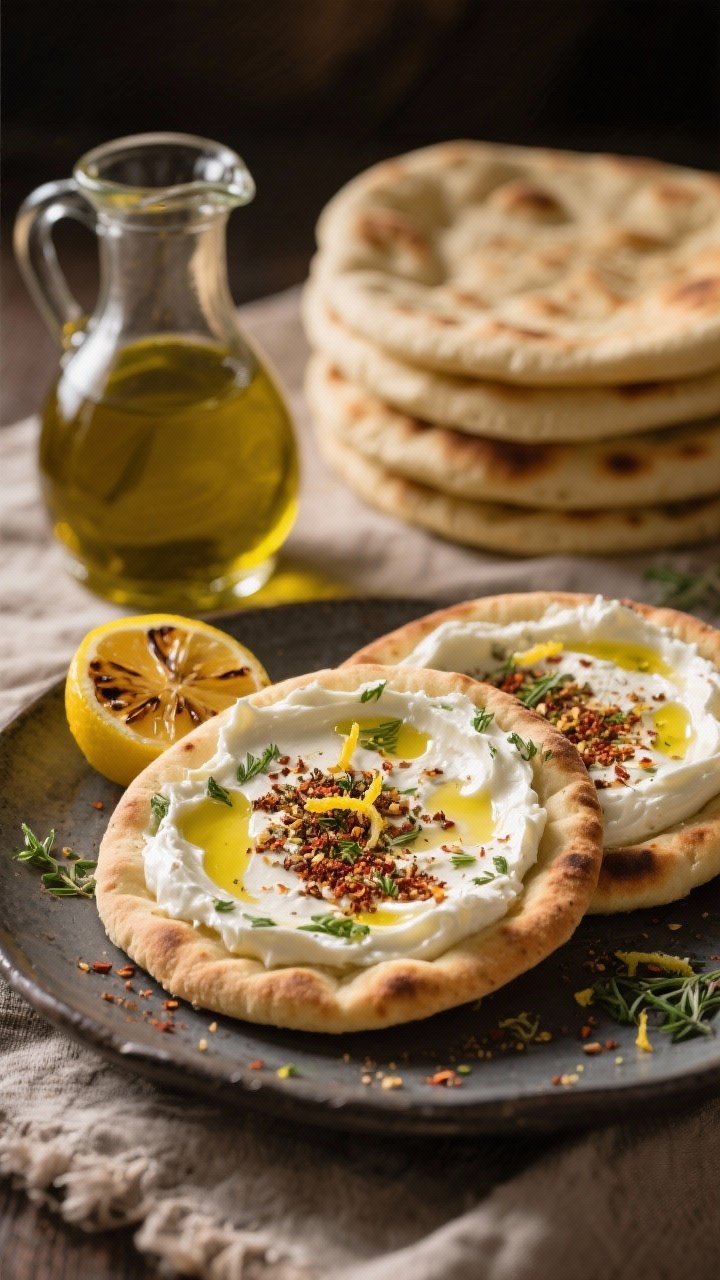 Straight-on close-up of herbed labneh za’atar flatbreads: mini naan spread thickly with labneh, glossy olive oil puddles, generous za’atar sprinkle, finished with lemon zest and served alongside charred lemon halves; a jug of extra-virgin olive oil in frame, stack of plain flatbreads behind for context, textured linen and warm, moody side light emphasizing creamy-sumac-herb textures.