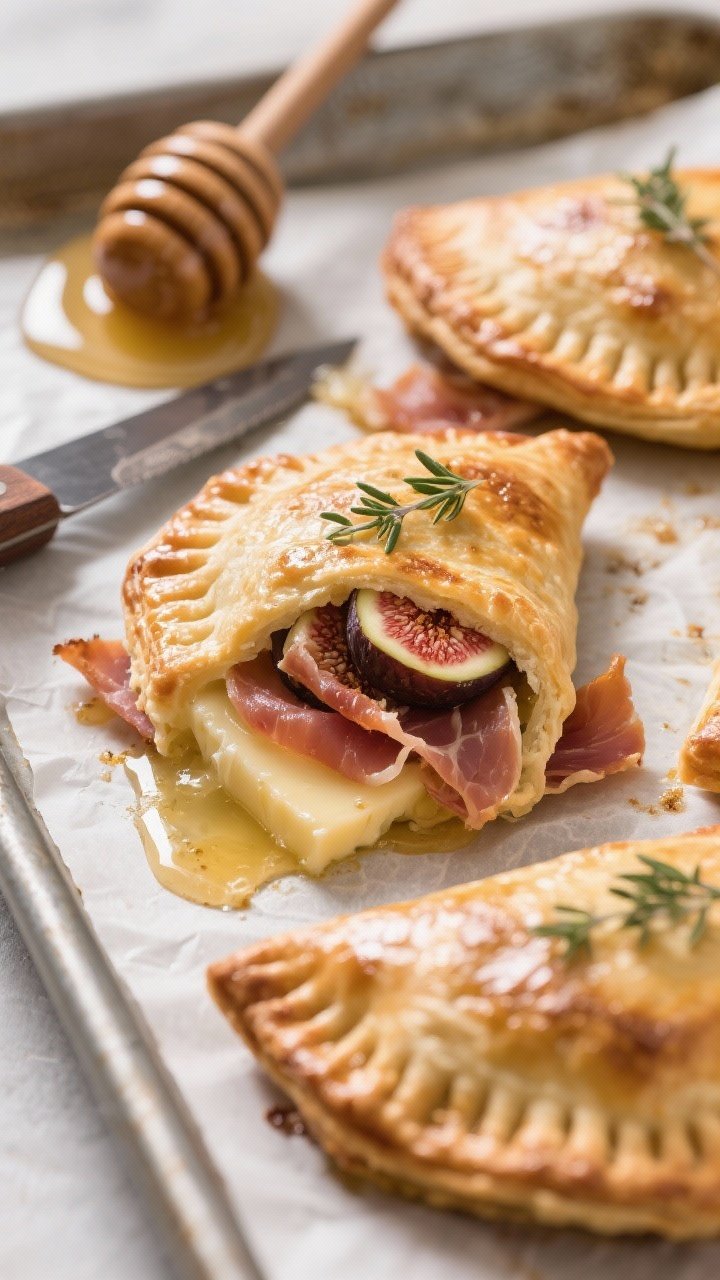 Straight-on close-up of honeyed fig, prosciutto, and brie hand pies just out of the oven: puff pastry turnovers with glossy egg-washed blistered layers, edges crimped, oozing melted brie and ribbons of torn prosciutto, slices of fresh figs peeking from vents, a drizzle of honey and a faint sprinkle of fresh thyme on top; set on parchment-lined baking sheet with a honey dipper and knife nearby.