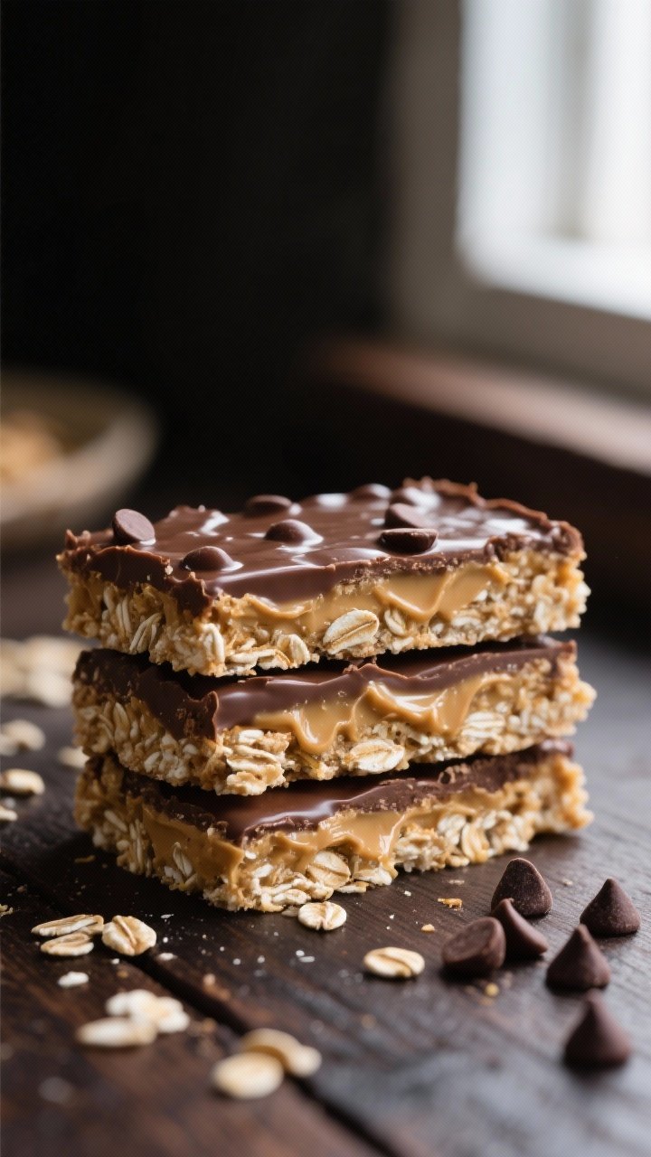 Straight-on close-up of no-bake chocolate peanut butter oat bars: clean slices stacked to reveal layered oats bound with creamy peanut butter, honey, vanilla, and a smooth chocolate chip topping set with a slight shine (from coconut oil/butter); a few oats and chocolate chips sprinkled around; dark wood surface, soft window light for indulgent appeal.