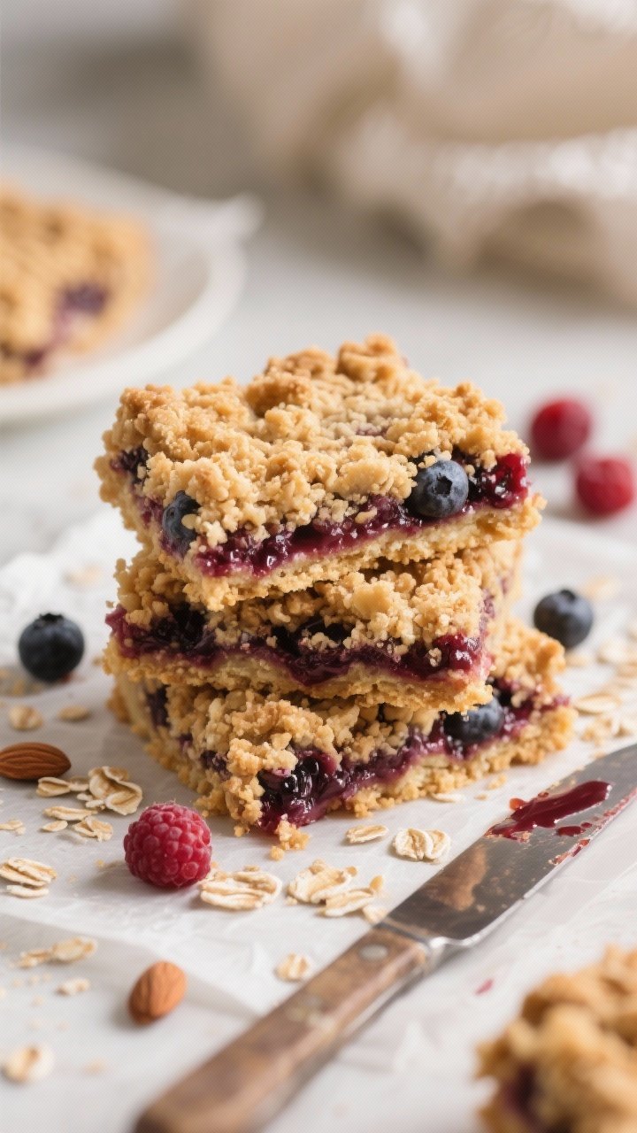 Straight-on close-up of no-melt berry crumble bars stacked: visible layers of almond-oat crust, jammy mixed berry center, and golden crumb topping; coarse oat texture, hints of almond flour, brown sugar caramel tones, and vanilla aroma implied; crumbs scattered on parchment, knife with berry streaks, soft natural light.
