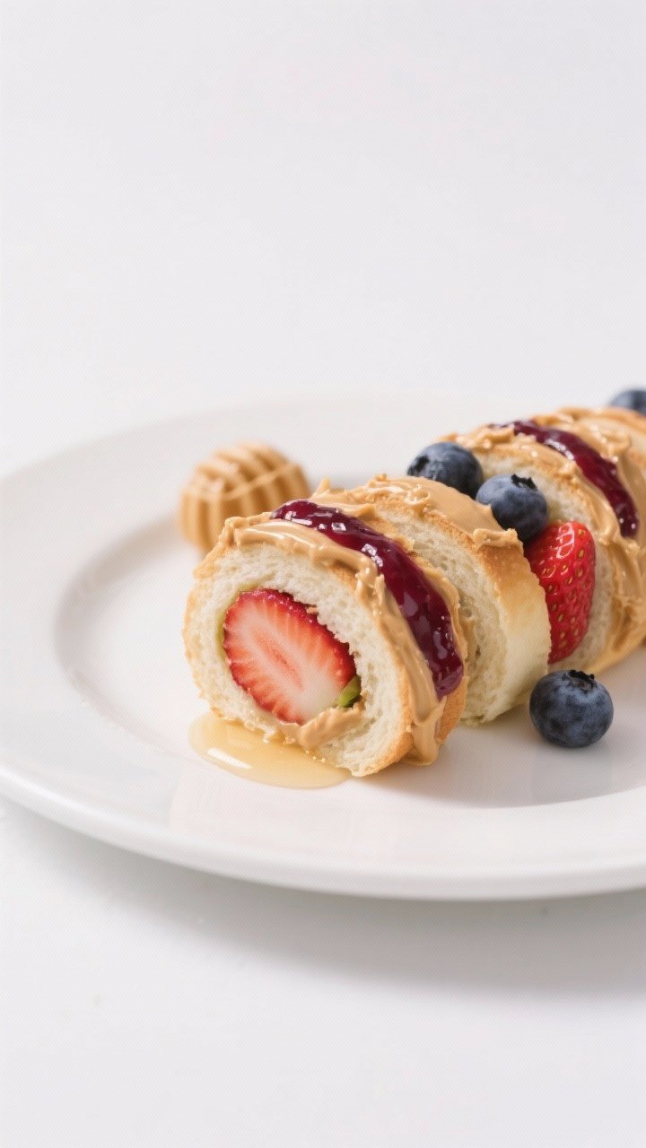 Straight-on close-up of peanut-butter-and-berry “sushi” rolls: soft sandwich bread rolled flat, spread with peanut butter and a stripe of berry jam, filled with sliced strawberries and a few whole blueberries, rolled and sliced into bite-size rounds; a tiny drizzle of honey on the plate, clean white background, playful kid snack energy.