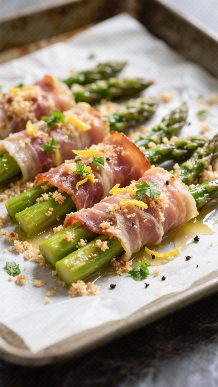 Straight-on close-up of prosciutto-wrapped asparagus on a parchment-lined sheet pan: bright green spears tightly wrapped with thin prosciutto strips, panko crumbs toasted in butter scattered over top, lemon zest and chopped parsley gremolata sprinkled generously, a light sheen of olive oil, visible black pepper, edges crisping, shallow depth of field highlighting crackly prosciutto texture.