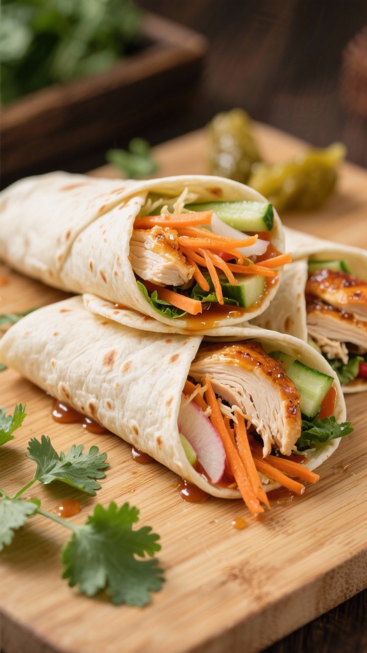 Straight-on, close-up of Riverside Rotisserie Chicken Banh Mi Wraps: flour tortillas tightly wrapped and cut to reveal layers of shredded rotisserie chicken, shredded carrots, julienned daikon, cucumber matchsticks, and fresh herbs, with a glossy, tangy sauce sheen; arranged on a bamboo board with scattered cilantro and pickled veg, crisp textures and juicy chicken in focus.