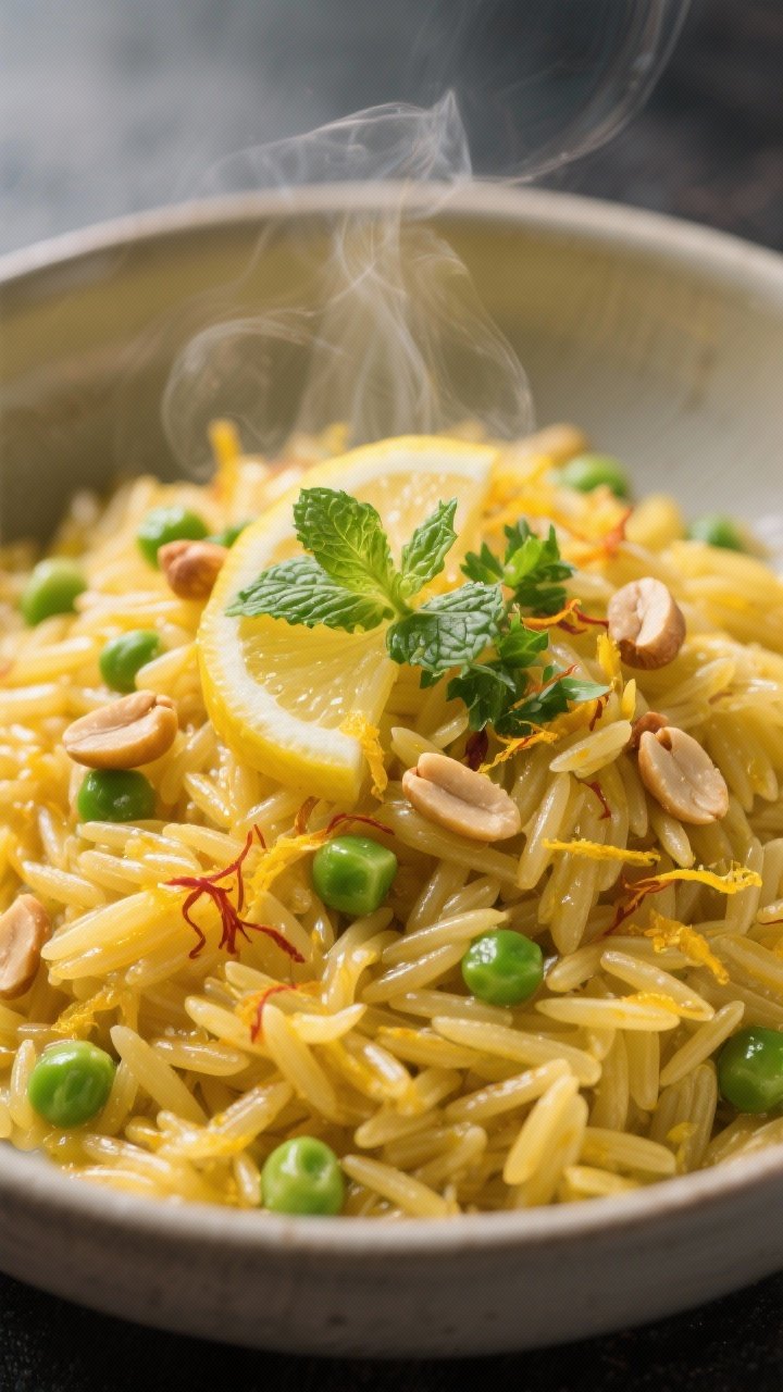 Straight-on close-up of saffron orzo in a low bowl: golden saffron-tinted orzo glistening with olive oil, peas studding the grains, lemon zest strands visible, a squeeze of lemon juice pooled lightly, toasted pine nuts sprinkled on top, chopped mint/parsley adding green flecks; steam gently rising, crisp focus on the glossy grains and nuts.