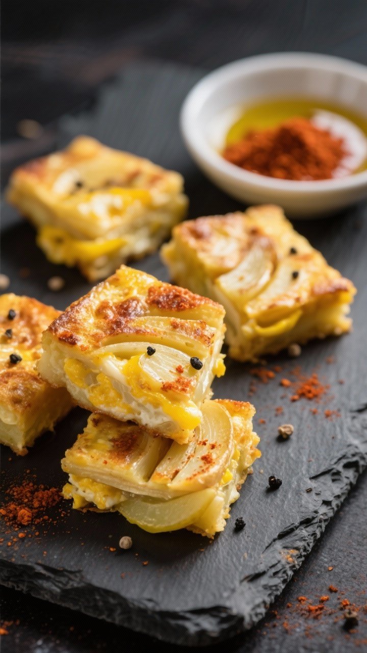 Straight-on close-up of Spanish-style potato tortilla bites: golden, wedge-cut squares showing layers of thinly sliced Yukon Gold potatoes and yellow onion, flecked with smoked paprika; lightly salted, black pepper specks; served on a slate board with a small dish of paprika and olive oil glinting; edges crisp, centers custardy from eggs; warm, inviting tones.