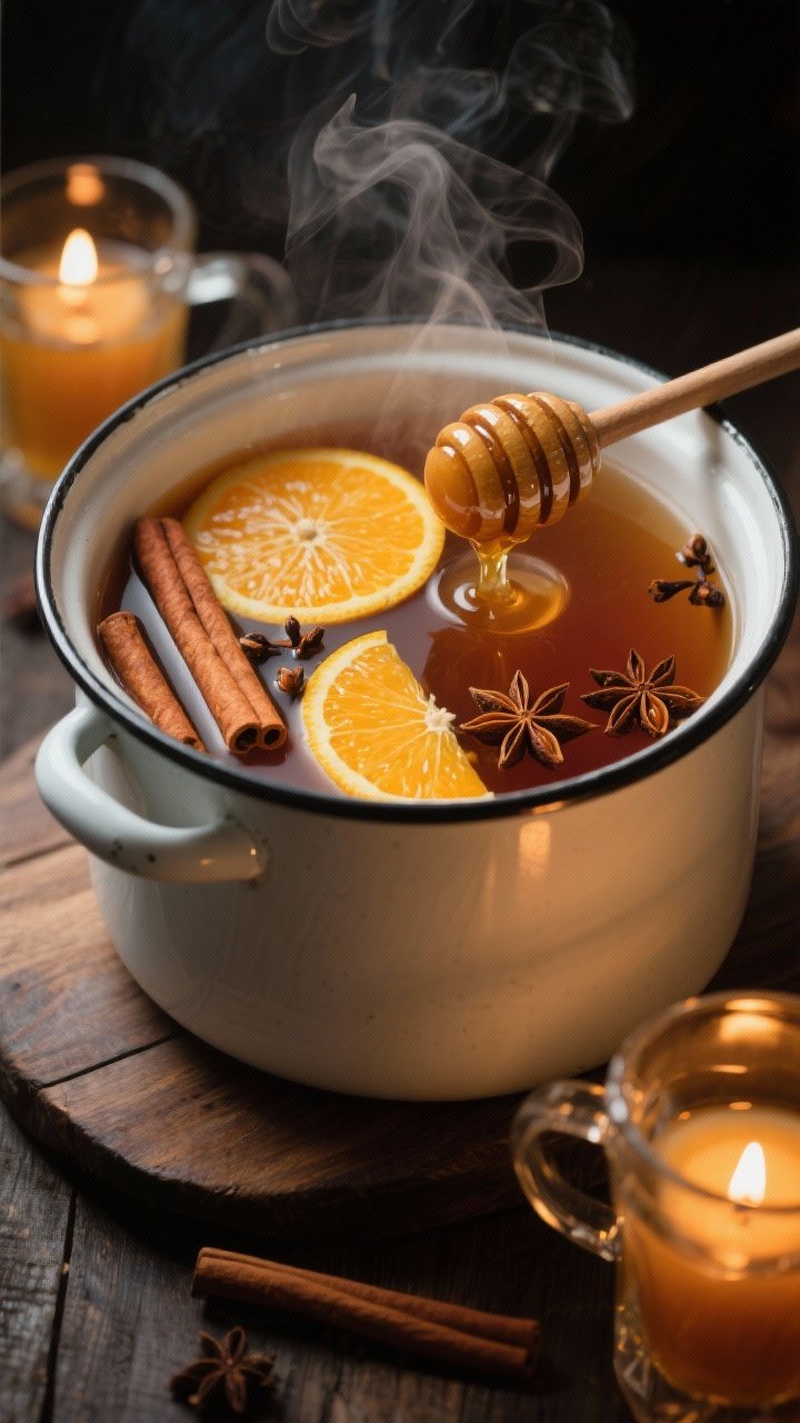 Straight-on close-up of spiced mulled cider warming in an enamel pot: apple cider with orange slices, 4 cinnamon sticks, 8 cloves, 2 star anise; honey being spooned in, gentle ripples and rising steam; a ladle resting on the rim, two heat-fogged glass mugs ready nearby; deep, cozy tones with candle glow reflections.