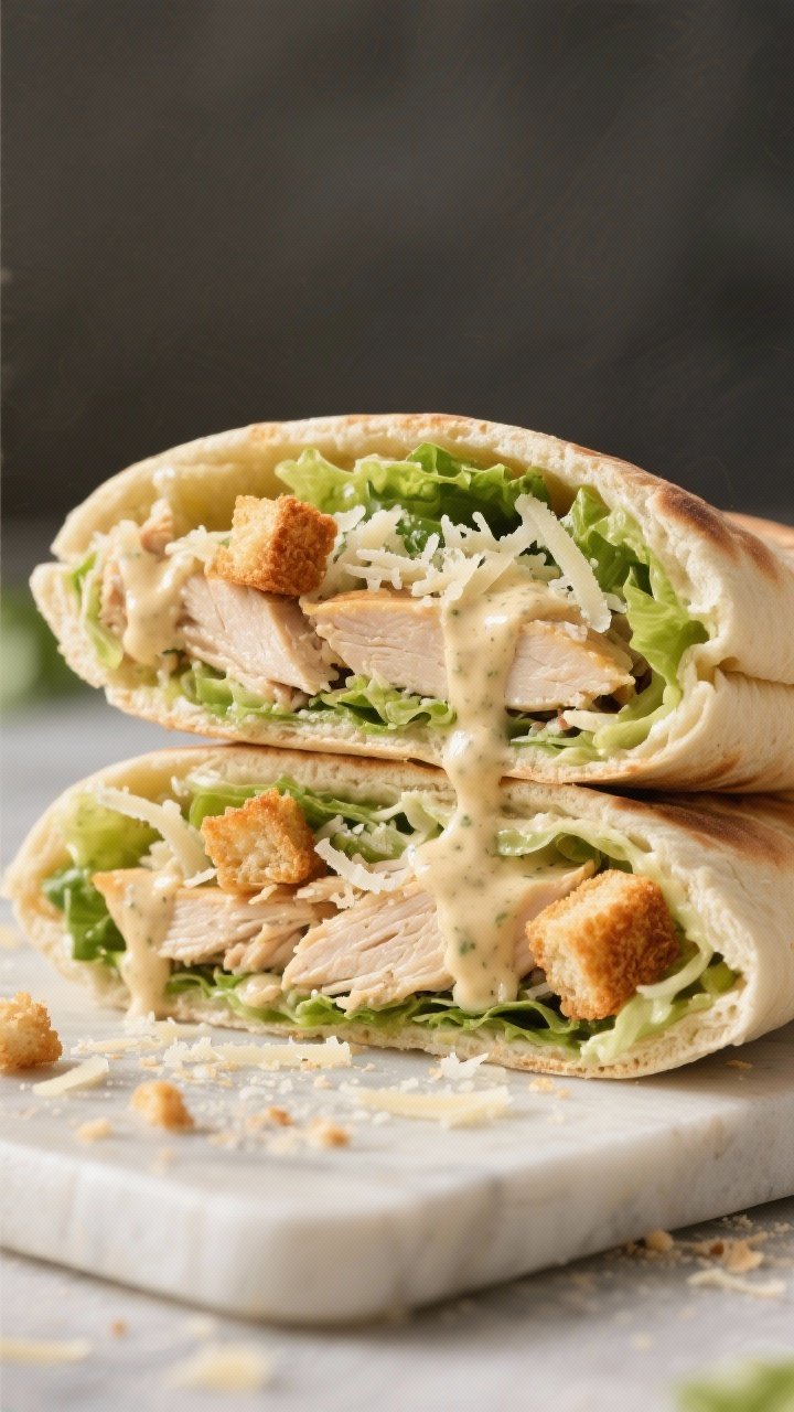 Straight-on close-up of stuffed chicken Caesar pita pockets cut in halves to reveal layers: chopped rotisserie chicken tossed in Caesar dressing, crisp romaine lettuce, shredded Parmesan, and a few crunchy crouton pieces tucked inside soft pita; extra Caesar dressing lightly drizzled, crumbs on the board, clean and kid-friendly.