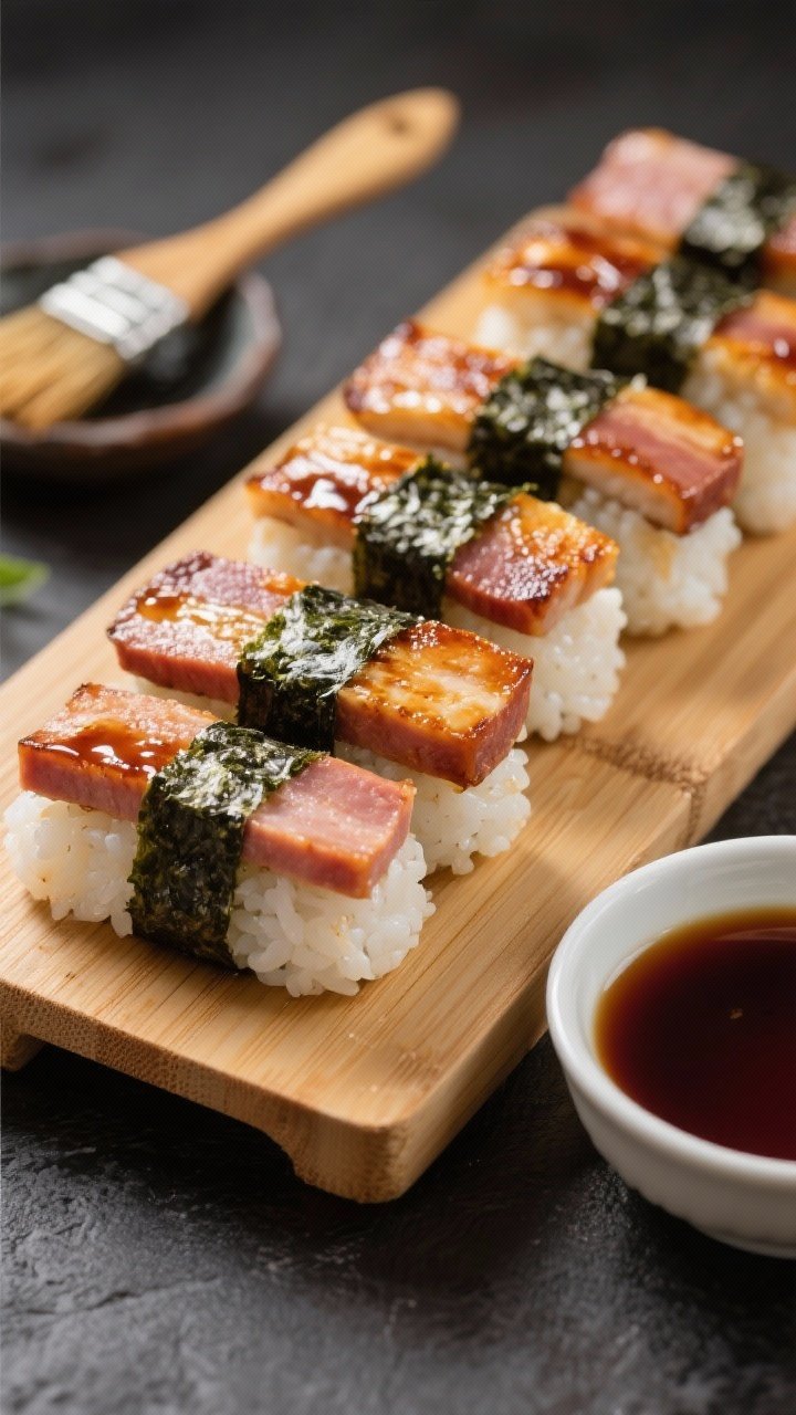 Straight-on composition of Spam musubi-inspired rice bars: compact rectangles of warm sushi rice seasoned with rice vinegar, sugar, and salt, topped with caramelized soy-glazed Spam slices; some wrapped with a strip of nori, stacked neatly on a bamboo board; a small dish of soy sauce and a brush with glaze nearby.