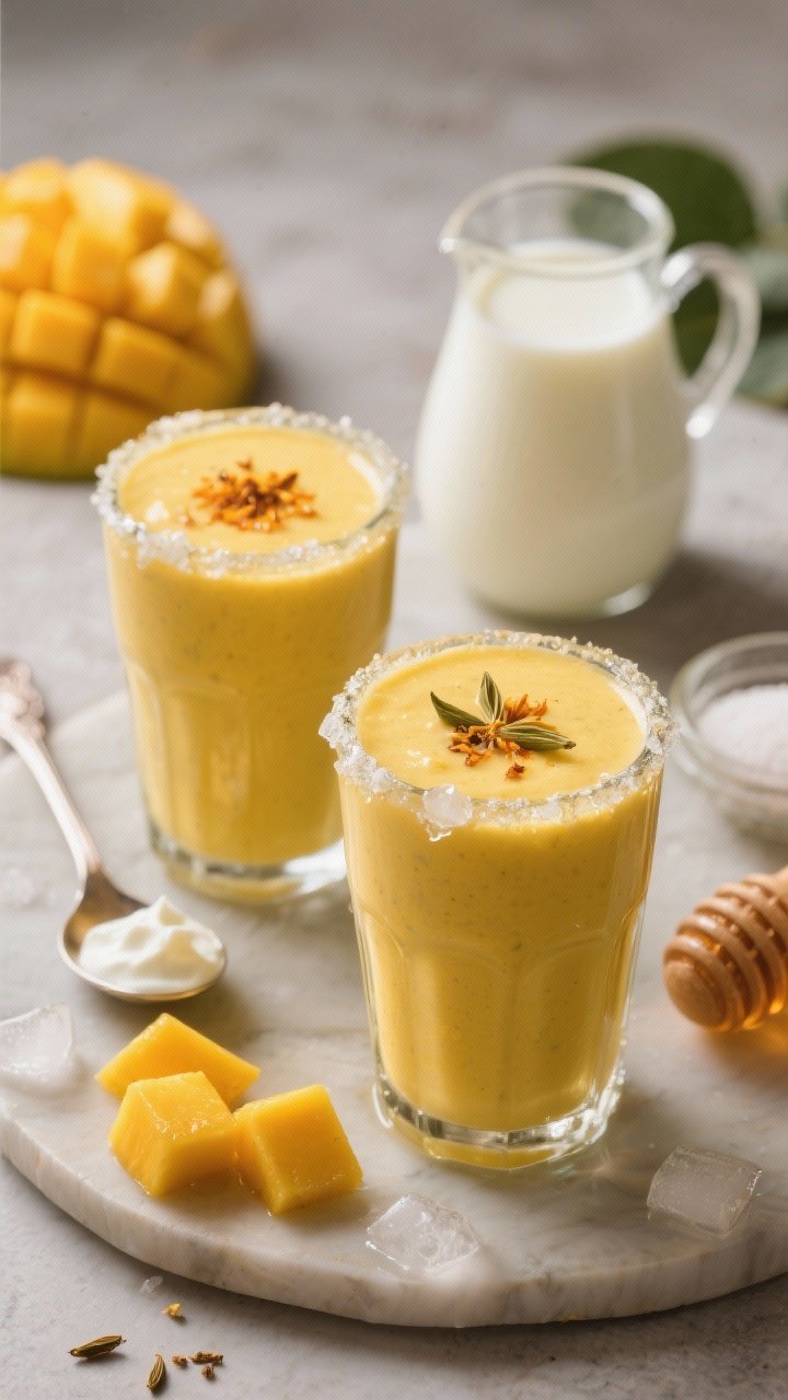 Straight-on creamy portrait of mango lassi icebox sips in short chilled glasses, thick and velvety with a glossy surface, small ice crystals along the rim to suggest stay-cool; vibrant saffron-yellow tone, sprinkle of cardamom on top, mango cubes and a spoonful of yogurt beside; milk in a small pitcher and sweetener options (honey, sugar) nearby; soft diffused light emphasizing richness.