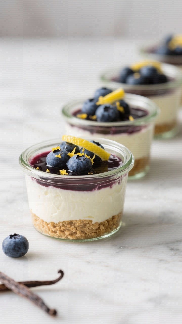 Straight-on dessert jar lineup: no-bake lemon-blueberry cheesecake jars layered with graham cracker crumbs, silky cream cheese–Greek yogurt filling flavored with lemon zest and juice, and a glossy blueberry topping; tiny vanilla bean specks visible; garnished with fresh blueberries and a twist of lemon zest; chilled, clean glass jars on a cool marble surface, soft natural light.