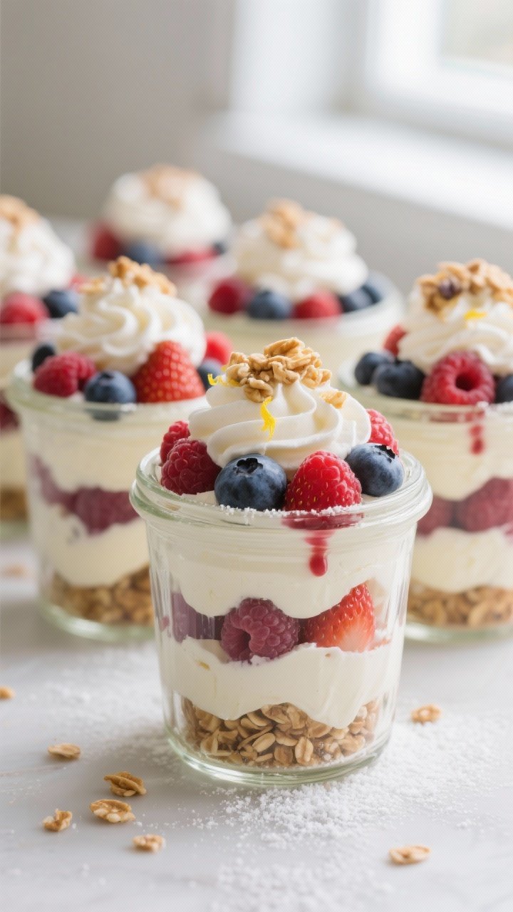 Straight-on dessert jar lineup of no-bake berry mascarpone parfaits: clear jars layered with silky mascarpone–cream cheese filling sweetened with powdered sugar, vanilla, and lemon zest, swirls of whipped cream folded in; vibrant mixed berries (strawberries, blueberries, raspberries) between layers; a top sprinkle of crunchy granola, a few berry juices streaking the glass; cool, creamy textures under soft window light.