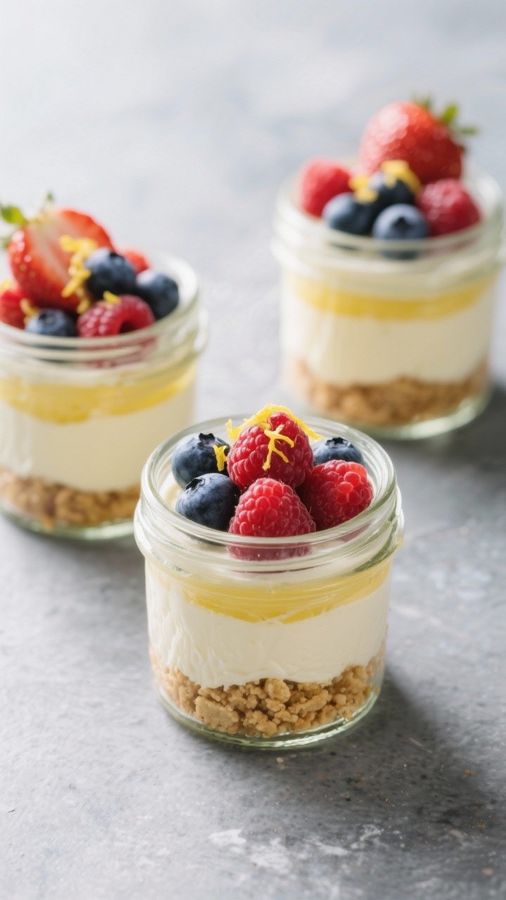 Straight-on dessert jar trio: no-bake berry cheesecake jars layered with lemon cookie crumble at the base, creamy lemon-kissed cheesecake filling (cream cheese, Greek yogurt, vanilla), and a crown of mixed berries (strawberries, blueberries, raspberries), finished with lemon zest; chilled glass jars on a cool slate surface, soft natural light.