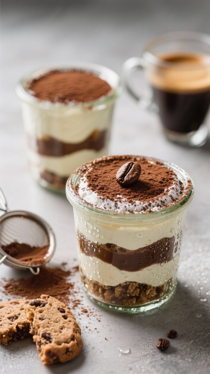 Straight-on dessert jars of Splash-Proof Tiramisu Parfaits: layers of mascarpone whipped with heavy cream, powdered sugar, and vanilla, soaked espresso cookie crumble (with optional coffee liqueur), topped with fine cocoa dust and a coffee bean; condensation on glass, espresso cup and sieve with cocoa nearby, rich and decadent look.