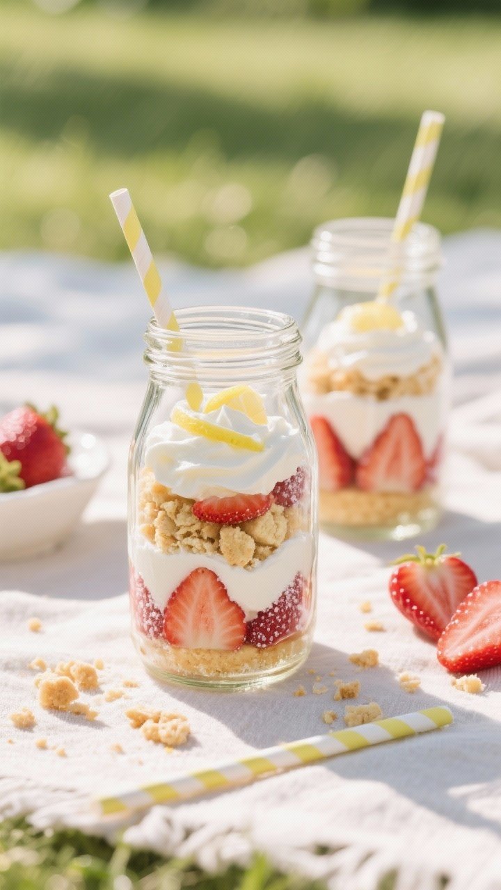 Straight-on dessert scene with strawberry shortcake jars in glass bottles vibe: layered sliced strawberries macerated with sugar and lemon, crumbled shortcake biscuits, and softly whipped cream (powdered sugar, vanilla) in clear jars; paper straws tucked beside for styling; extra strawberry slices and crumbs scattered; airy, sunlit picnic mood.