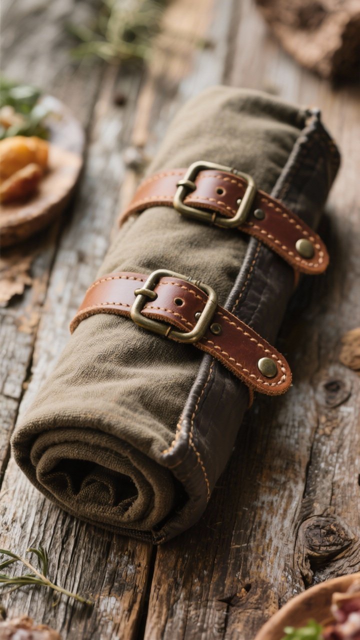 Straight-on detail shot for “Roll-Up Canvas Blanket With Leather Straps”: heavy-duty canvas (duck cloth) paired with darker waxed canvas/nylon backing, rolled into a tidy bundle and secured with two 1-inch-wide leather straps with buckles (24–30 inches each), rivets/heavy-duty snaps visible; rugged, outdoorsy styling on a weathered wooden surface.
