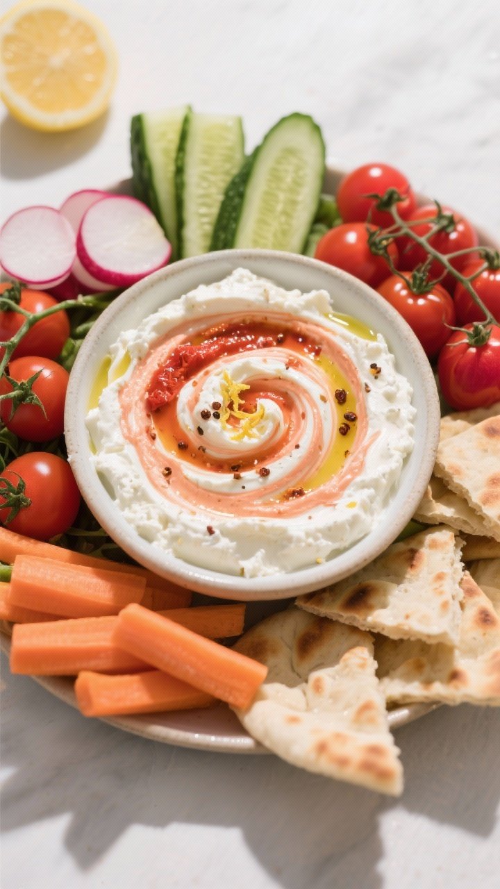 Straight-on dip spread: whipped feta and roasted red pepper dip swirled in a shallow bowl, creamy white and soft coral tones marbled together, finished with extra-virgin olive oil, lemon zest, and a pinch of Aleppo pepper; surrounded by a “dipper garden” of cucumber spears, cherry tomatoes, radishes, carrot sticks, and warm pita wedges; bright, inviting appetizer look.