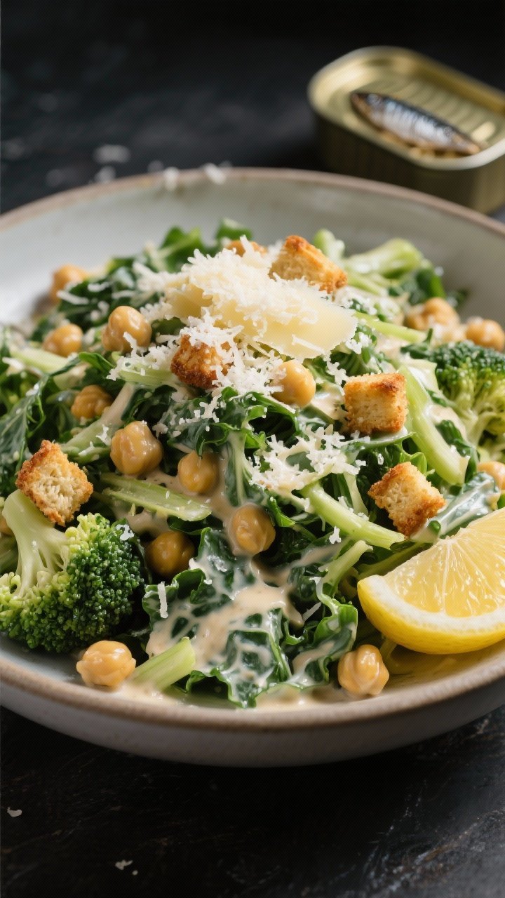 Straight-on, dramatic close-up of shaved broccoli and kale Caesar piled high in a wide, shallow bowl: ribbons of lacinato kale and thinly shaved broccoli stems/florets, coated in creamy Caesar; topped with golden, crispy roasted chickpea “croutons” and a generous snowfall of grated Parmesan; lemon wedge and anchovy tin in background for mood (not touching salad), crisp textures emphasized, no people.