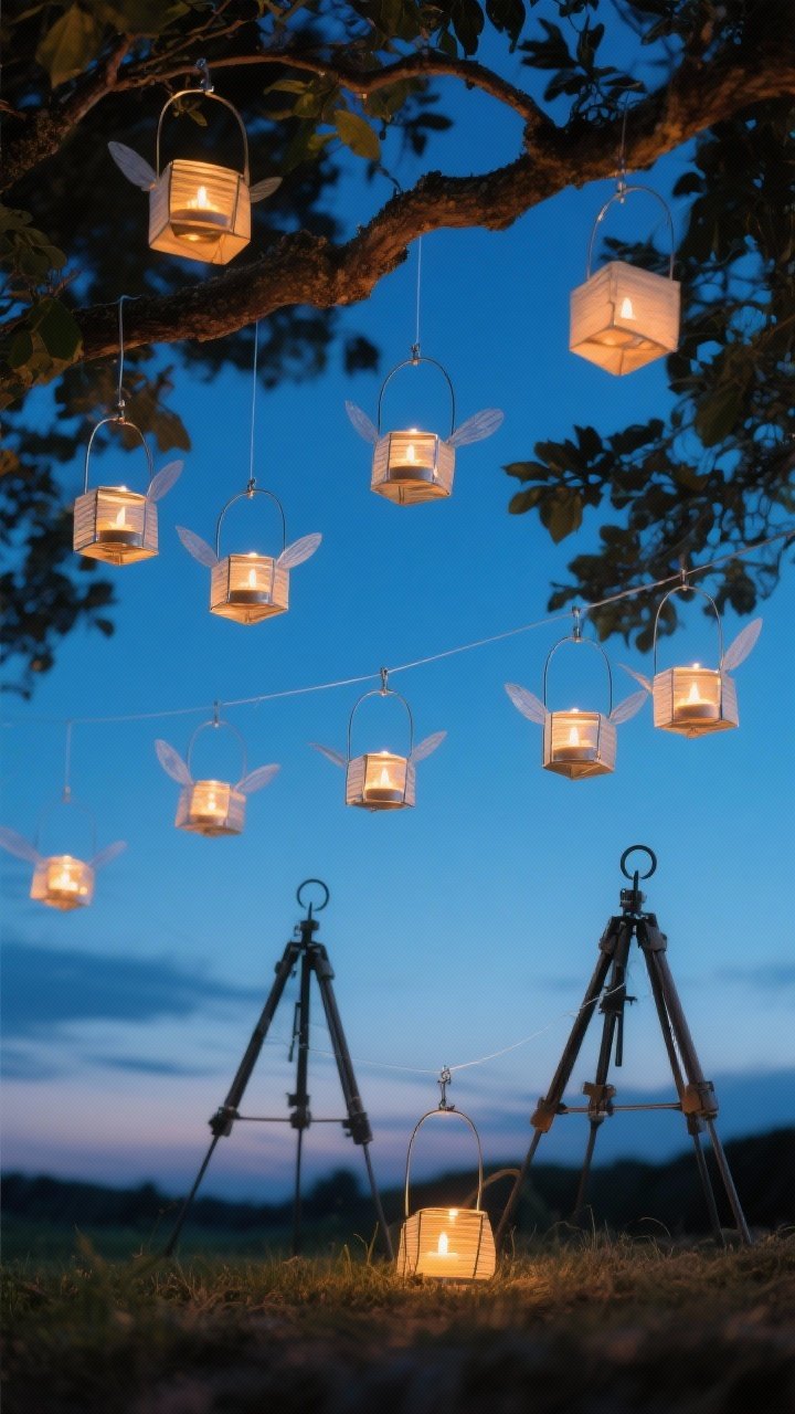 Straight-on dusk scene of 6–10 lightweight metal or paper lanterns appearing like floating fireflies, each with an LED tea light inside, suspended by nearly invisible clear fishing line between tree branches; a couple hang from collapsible tripods/shepherd’s hooks at ground level; soft, warm glows layered at varied heights, deep blue hour sky and leafy silhouettes, no people.