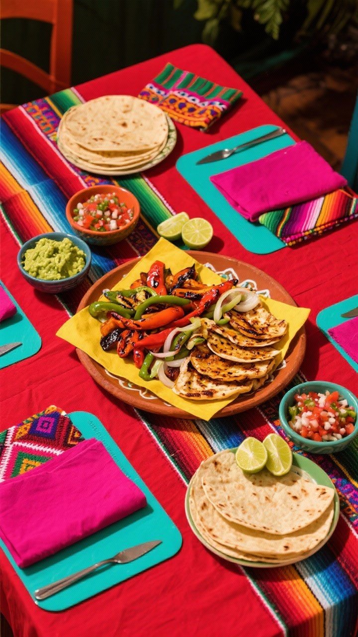 Straight-on fiesta night color-blocking: chili-red cotton tablecloth with a multicolor serape runner, yellow or turquoise wipe-clean placemats, fuchsia napkins, and patterned tea towels; sizzling fajita platter with charred peppers and onions, bowls of guacamole, pico de gallo, lime wedges, and warm tortillas; punchy, saturated lighting to celebrate bold colors and lively energy.