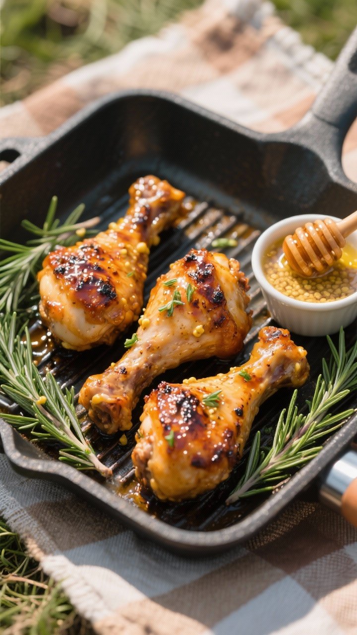 Straight-on grill-pan scene: honey-mustard glazed chicken drumsticks lacquered and caramelized, brushed with a mix of Dijon, whole-grain mustard, honey, apple cider, apple cider vinegar, olive oil, and chopped fresh rosemary; extra rosemary sprigs and a small cup of sauce for basting; sticky sheen and char marks emphasized; rustic outdoor picnic mood.