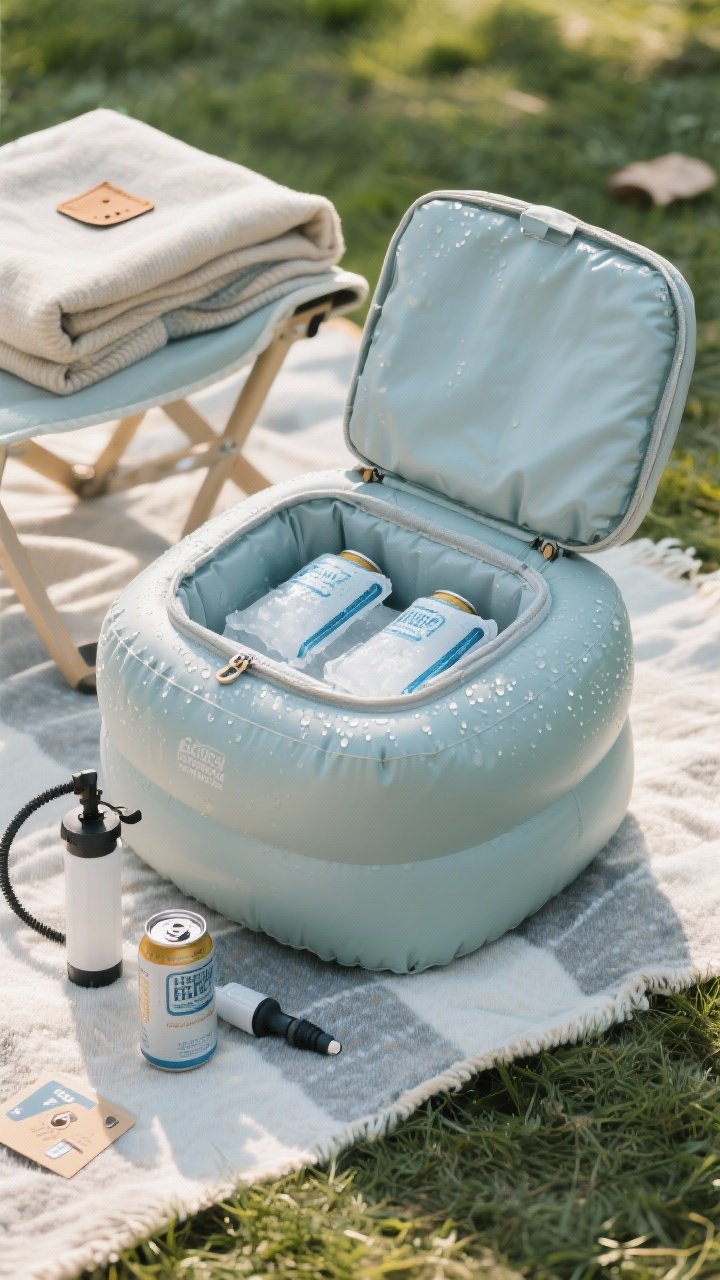 Straight-on hero shot at 45-degree angle of an inflatable ottoman-cooler combo in picnic context: the ottoman fully inflated with a zip-top lid opened to reveal the soft-sided cooler insert packed with two visible ice packs and chilled cans, manual pump and compact USB air pump placed beside it, a seat cover/blanket topper folded on top, and a small patch kit card; cool tones, condensation on cans for freshness, soft afternoon light.